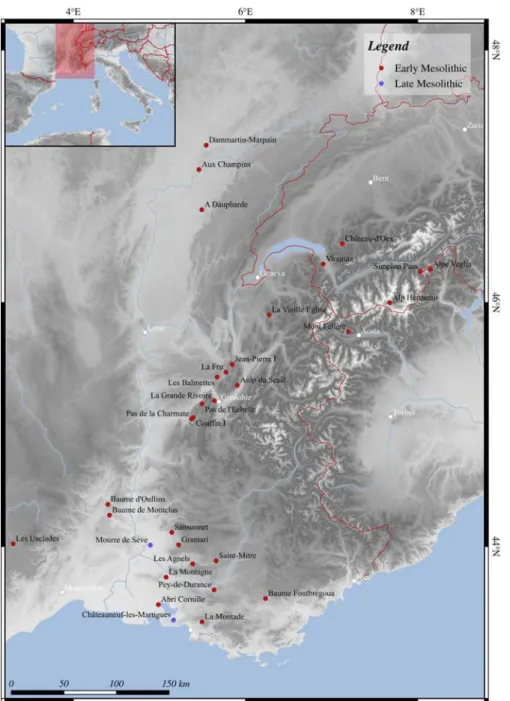 Figure 2.12: South-eastern France, Switzerland and north-western Italy. Location of the mentioned sites.