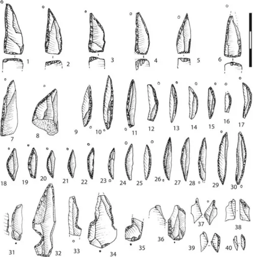 Figure 2.22: Warluis I, “Beuronian with crescents”. 1-6) points with retouched base ; 7-8) natural based points; 9-30) crescents; 31-35) incomplete pieces; 36-40) microburins (drawings by T