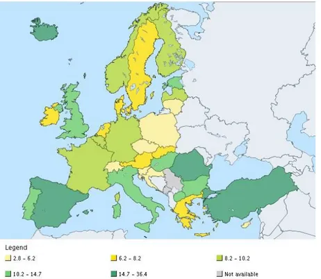 Figure  2.  Jeunes  ayant  quitté  prématurément  le  système  d’éducation  et  de  formation  en  pourcentage  en  2015  (Eurostat,  2016)