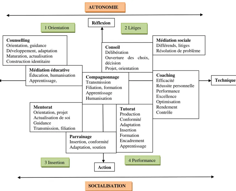 Figure 7. Schéma synthétique des pratiques de la « nébuleuse » de l’accompagnement.  Adaptation libre