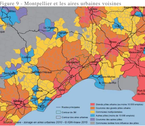 Figure 9 - Montpellier et les aires urbaines voisines   