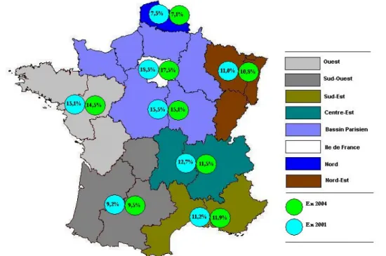 Figure 9 : Les zones géographiques régionales qui ont attiré les infirmiers entre 2001 et 2004