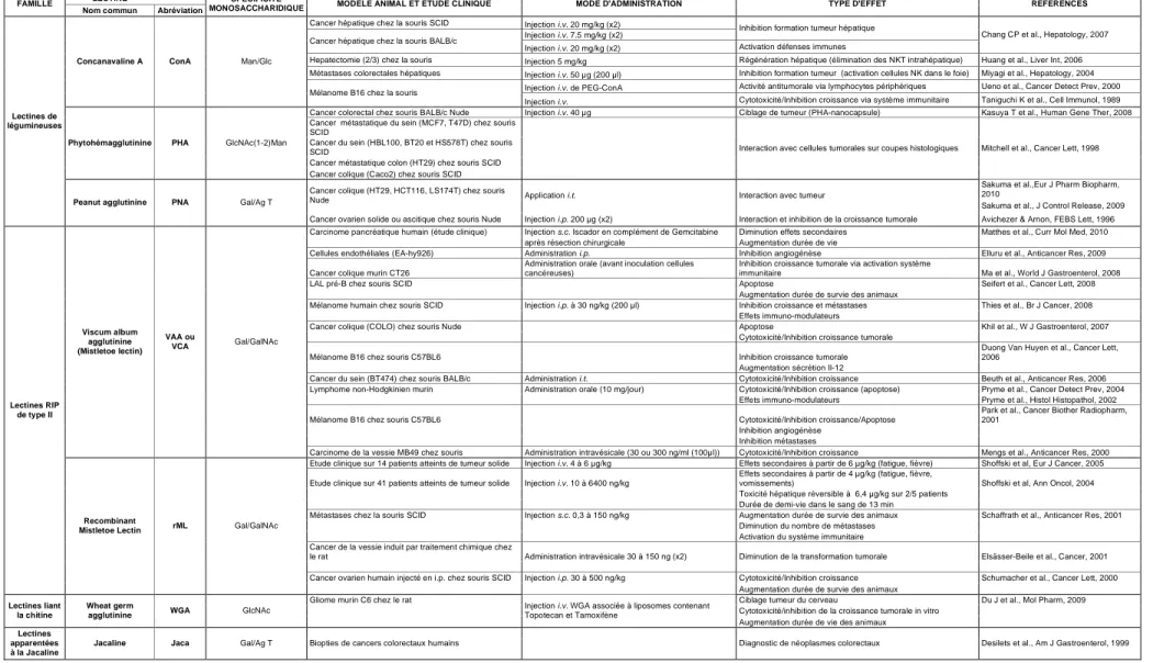 Tableau 4 : Lectines végétales classiquement étudiées pour leurs activités antitumorales in vivo