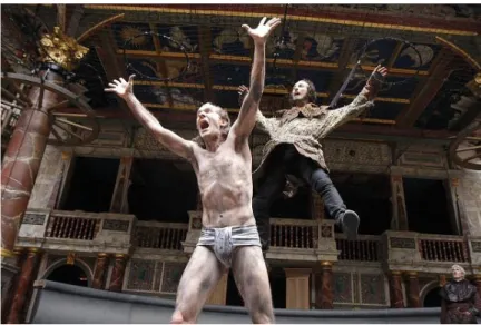Fig. 3. Image from Timon of Athens. By William Shakespeare.  Dir. Bailey, Lucy. The Globe Shakespeare, London