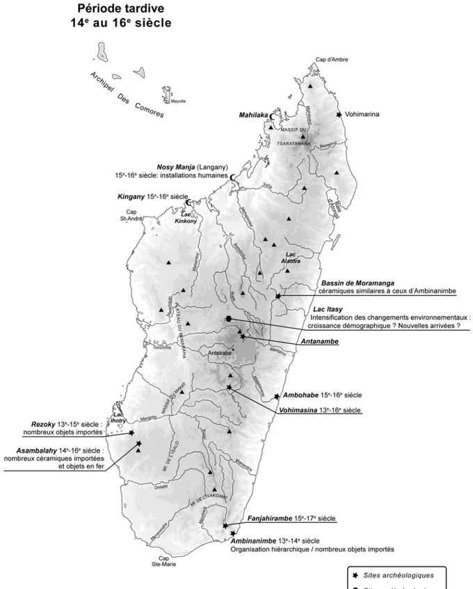 Figure 8 : Les sites archéologiques de la période moderne. Adaptation de la carte de Phillipe Beaujard (2003)  