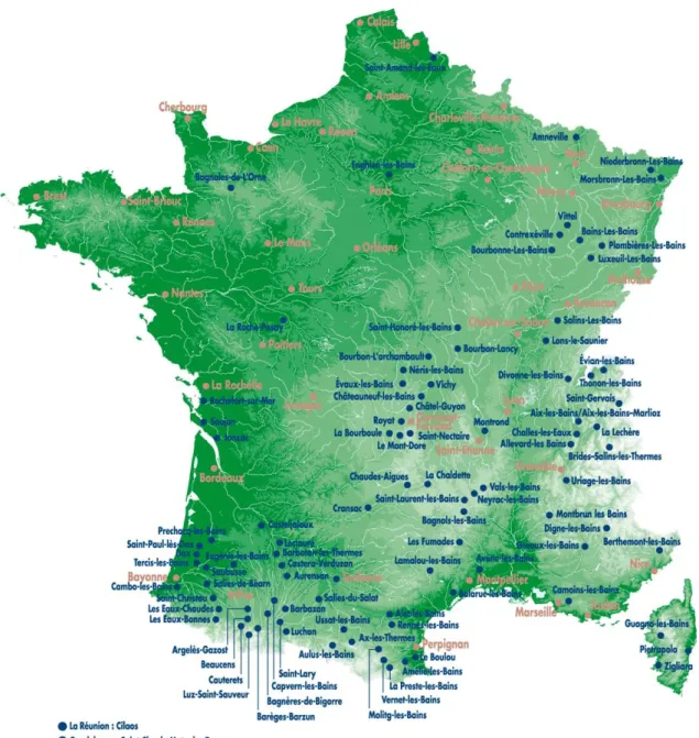 Figure II-1. Répartition des stations thermales en France – Conseil National des  Exploitants Thermaux (CNETH, 2009)