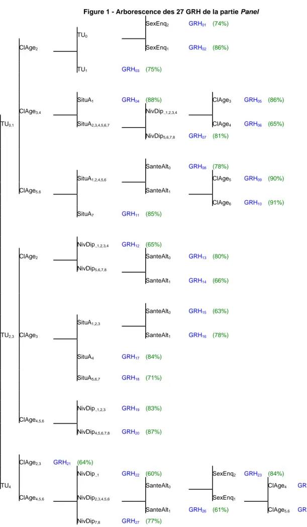 Figure 1 - Arborescence des 27 GRH de la partie Panel  SexEnq 2 GRH 01 (74%)  TU 0 ClAge 2 SexEnq 1 GRH 02 (86%) TU 1 GRH 03 (75%) SituA 1 GRH 04 (88%) ClAge 3 GRH 05 (86%) ClAge 3,4 NivDip .,1,2,3,4 TU 0,1     SituA 2,3,4,5,6,7 ClAge 4 GRH 06 (65%) NivDip