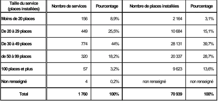 Tableau A 3 - Répartition  des services selon leur capacité d'accueil au 31 décembre 2002 Taille du service
