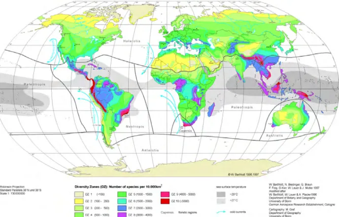 Figure 1: Répartition mondiale de la diversité des espèces végétales (Barthlott et al