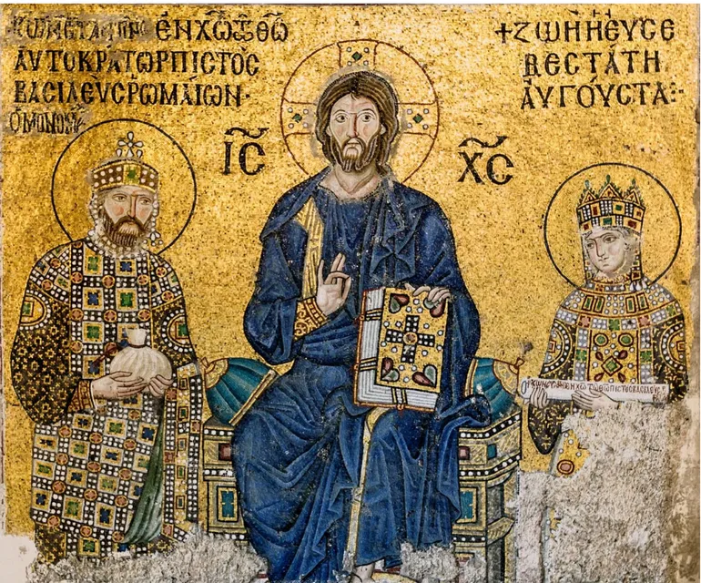 Fig.  7  Sainte-Sophie,  Istanbul,  Turquie,  première  moitié  du  XIe  siècle  :  Mosaïque  de  la  galerie  Sud  représentant le Christ, Constantin et Zoé