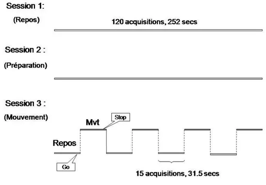 Figure  13:  Illustration  du  paradigme  expérimental.  3  sessions  de  120  acquisitions  chacune  sont considérées : Repos, Préparation et Mouvement