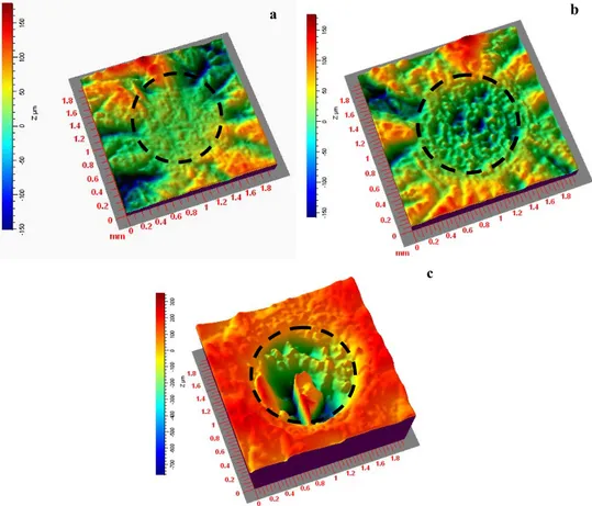 Figure 25: Exemples d'images reconstruites en 3D des ablations laser réalisées à des fluences de (a) 10J/cm², (b)  50J/cm² et (c) 200J/cm²
