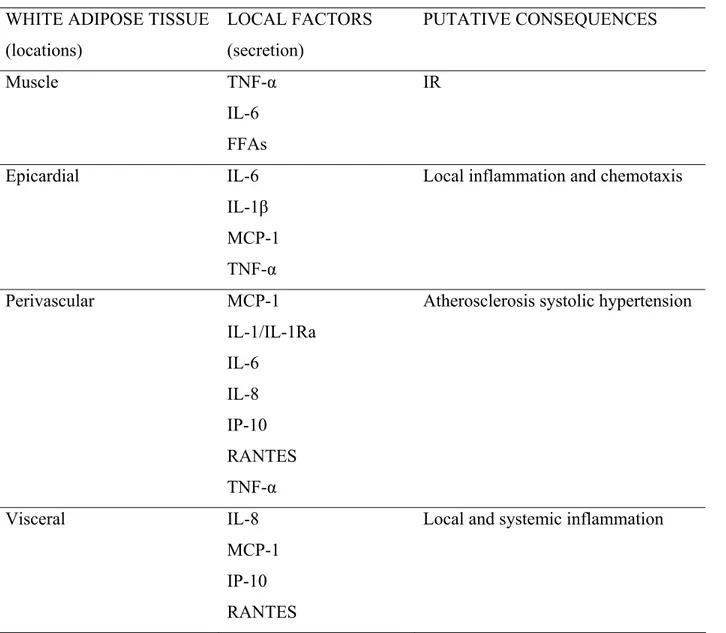 Table 4 Specific organ-associated white adipose tissue depots, “ectopic sites” (adapted  from Thalmann S [132]) 