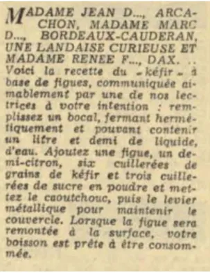 Illustration 8 - Recette Kéfir de lait, Sud-Ouest, 1958  Illustration 9 - Recette kéfir de fruit, Sud-Ouest, 1966 