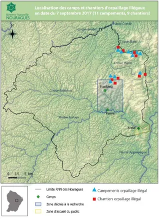 Figure 15 : Localisation des camps et chantier  d'orpaillage illégaux au Nouragues 88