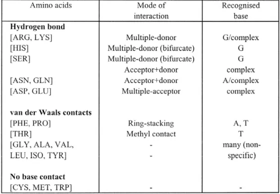 Tableau 1 : Préférences d’interactions entre chaînes latérales d’acides aminés et bases de l’ADN (D’après Luscombe et al., Nucl