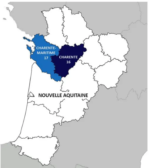 Figure 5 - Carte localisant les départements des Charentes en Nouvelle Aquitaine. Source : Chandelon Katy  