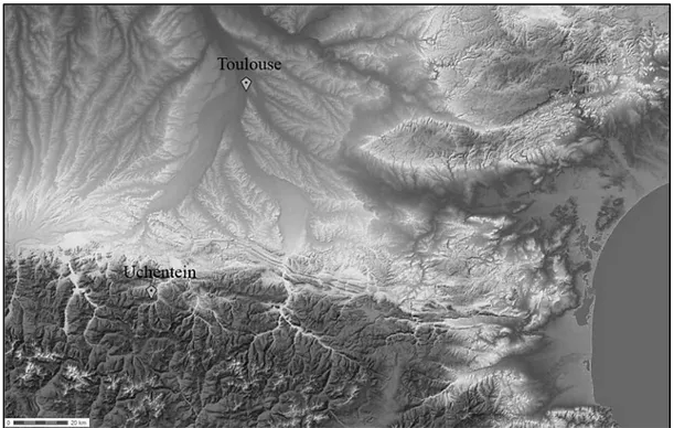 Fig. 1 :  Situation géographique d’Uchentein. Carte du relief de la région Languedoc-Roussillon,  Midi-Pyrénées