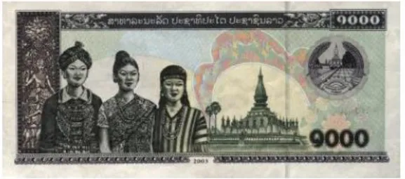 Figure 4 : Billet de 1 000 Kip (10 centimes €), représentation des trois sœurs lao, chacune 