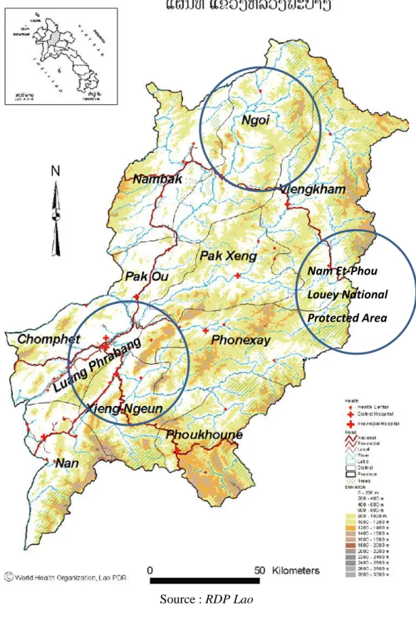 Figure 8 : Carte de la Province de Luang Prabang, identification des trois zones d‟études 
