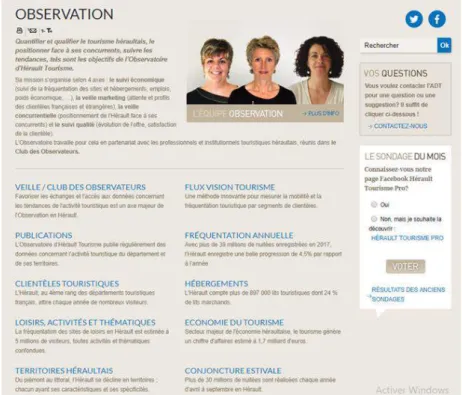 Figure  10 :  Capture  d’écran de  la  rubrique  Observation  sur  le  site professionnel de  Hérault  Tourisme