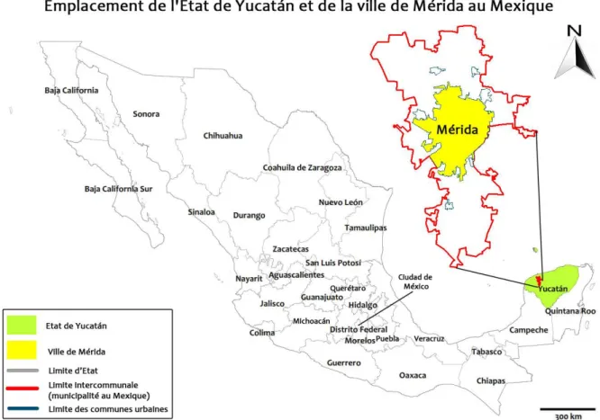 Figure 8 : Emplacement de l’Etat de Yucatan et de la ville de Mérida au Mexique. Réalisation : Ojeda F