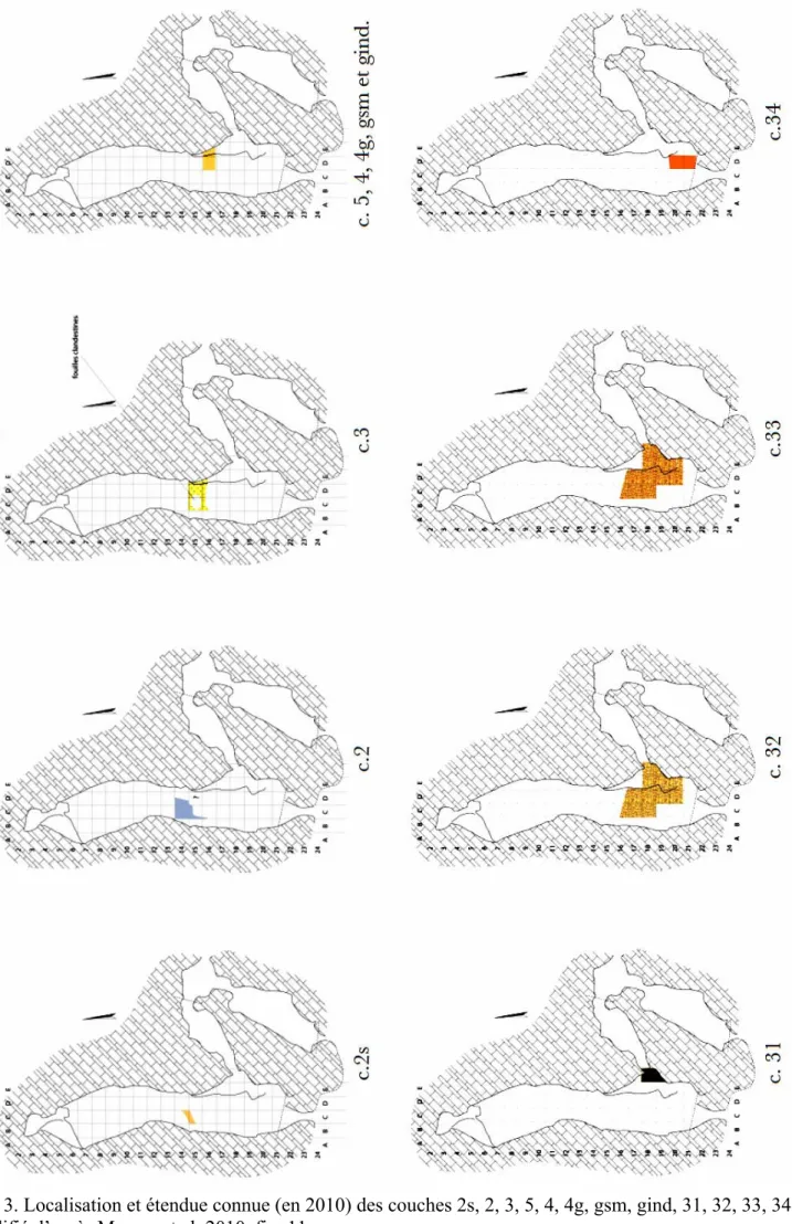 Fig. 3. Localisation et étendue connue (en 2010) des couches 2s, 2, 3, 5, 4, 4g, gsm, gind, 31, 32, 33, 34,  modifié d’après Mourre et al