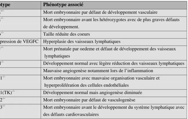 Tableau 3 : Résumé des phénotypes associés aus différents mutants ou KO des VEGFR et de  leurs ligands (d’après (Olsson et al., 2006))