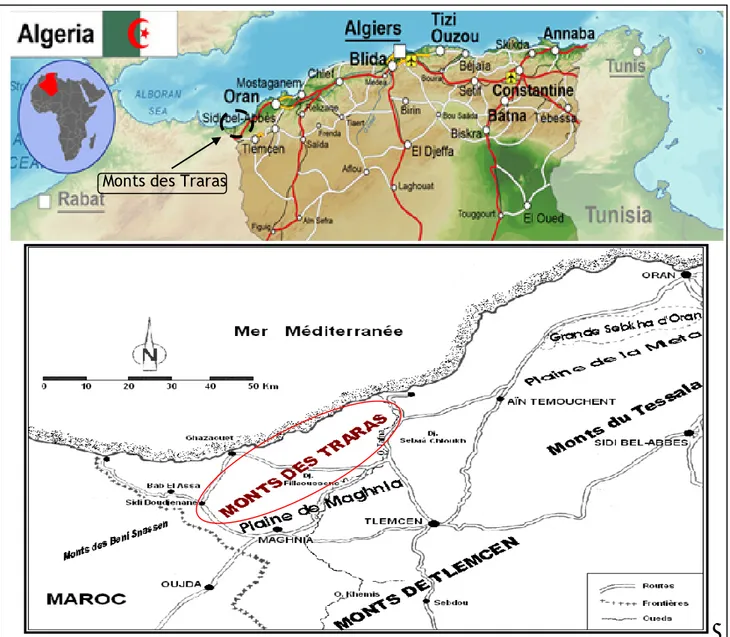 Fig. II.1 : Carte d’Algérie montre la situation géographique des Monts des Traras (HAMMOUDA  et SOULIMANE, 2004)