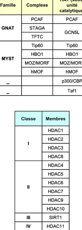 Figure 8 : Familles de complexes HAT et classes de HDAC chez l’homme