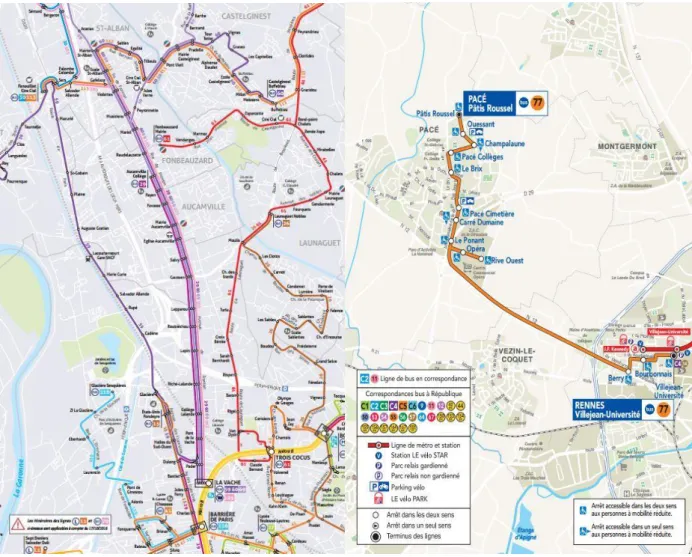 Figure 7 : Comparaison de lignes de bus métropolitaines à Rennes et Toulouse Métropole  Sources : tisséo et star.fr 