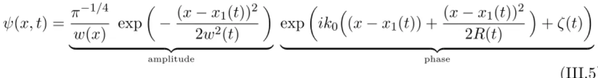 Fig. III.1 – Tracé des paramètres caractérisant la propagation du paquet d’onde gaussien, mon-