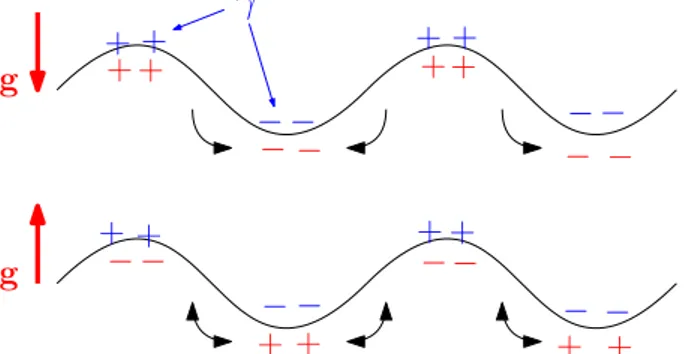 Figure 4 – Effets de la tension de surface dans le cas stable des ondes (g g g orienté vers le bas) et de l’instabilité (gg g orienté vers le haut)