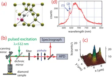 Fig. 2. (a) The N-V colour centre consists in a substitionnal