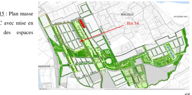 Figure n°15 : Plan masse  de  la  ZAC  avec  mise  en  évidence  des  espaces  verts  