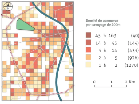 Figure 11 : La densité de commerces dans le Quadrant Cépière Garonne – Réalisation César Gi- Gi-rault 