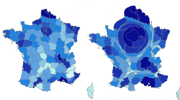 Figure 2 - Exemple de carte par anamorphose « La population par département en 2000 » (Source INSEE)  15