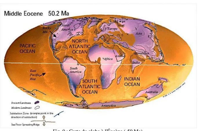 Fig. 9 : Carte du globe à l'Éocène (-50 Ma). 