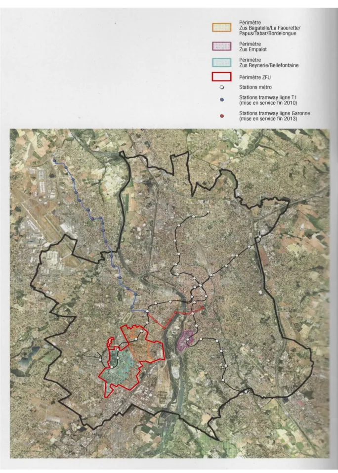 Figure 2 : Carte des différents périmètres de la «Politique de la ville», Toulouse. 