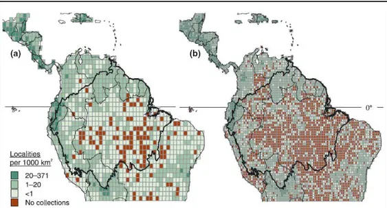 Figure 2.  Intensité de collecte botanique en Amazonie : nombre de localités échantillonnées 