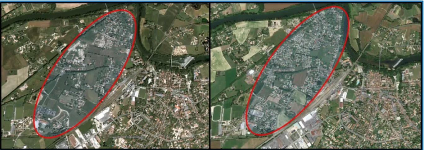Figure 4. Images satellites de la commune de Saint Sulpice (81)    en 2006 et 2013 mettant en évidence la construction des zones pavillonnaires  