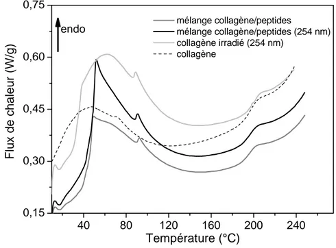 Figure 4.5 : Thermogrammes ACD du collagène témoin et des échantillons de collagène du  groupe 1 (2 ème  montée en température) 