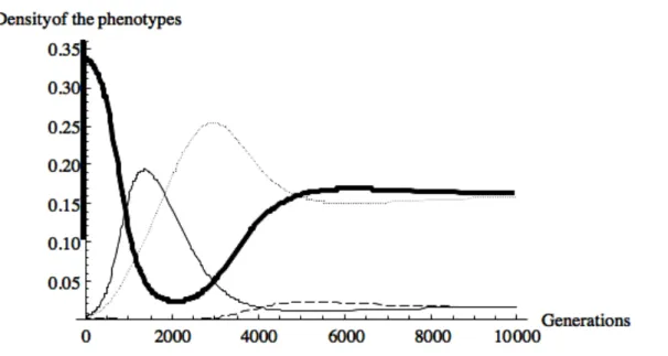Fig. 5. Adult densities of AA, BB and AB. When we start with a high relative density of AA the 