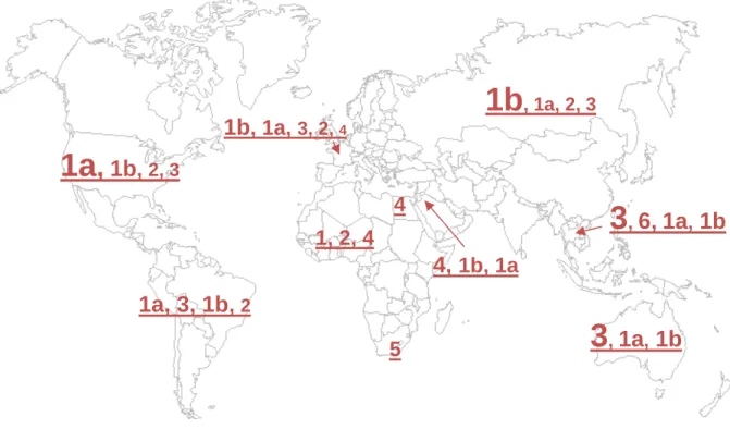 Figure 6 : Distribution géographique mondiale des souches de HCV en 2010. La taille  des génotypes est représentative de leur proportion respective