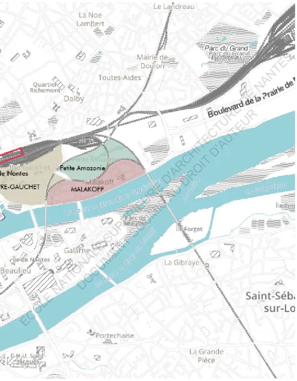 Fig 2.  Situation de la gare de Nantes et quartiers importantsECOLE NATIONALE SUPERIEURE D'ARCHITECTURE DE NANTES DOCUMENT SOUMIS AU DROIT D'AUTEUR