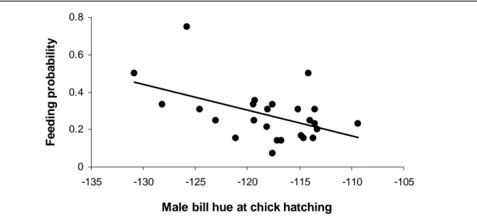 Figure 6: Correlation between male bill hue at second chick hatching and the mean daily feeding 