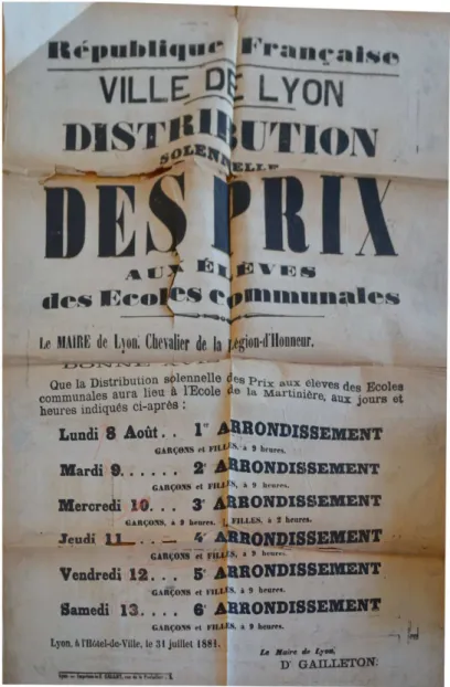 Figure 4 : Affiche publicitaire. Distribution des prix du 8 au 13 Août 1881.Lyon 