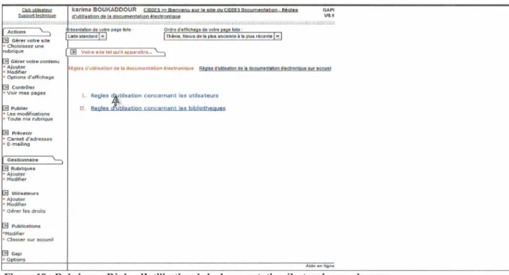 Figure 19: Rubrique« Règles d'utilisation de la documentation électronique»: le menu 