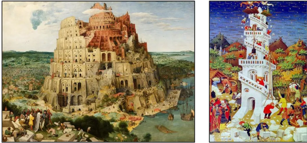 Figure 1 : De gauche à droite : La Tour de Babel de Pieter Bruegel en 1563, la tour de Babel par  