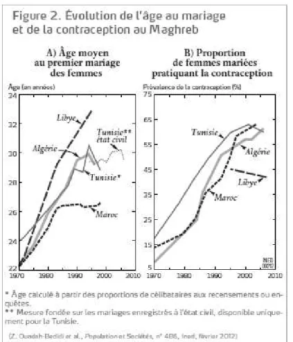 Figure  2 :  Evolution  de  l’âge  au  mariage  et  de  la  contraception  au  Maghreb 